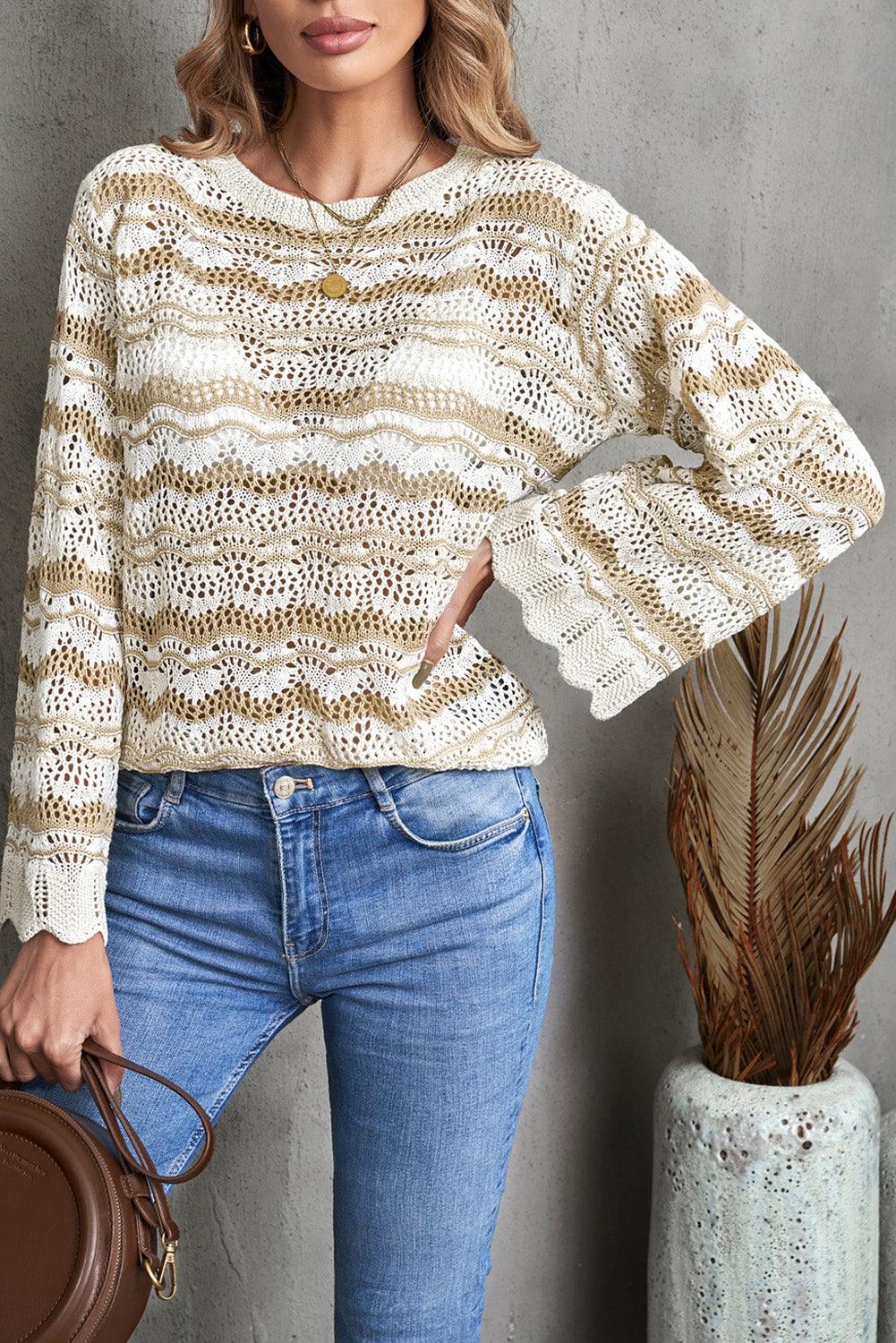 Wavy Stripe Scalloped Hem Openwork Knit Top – Flyclothing LLC