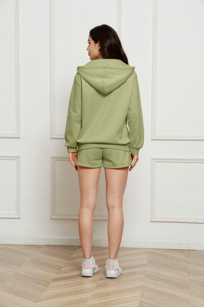 Zip Up Drawstring Hoodie and Shorts Set - Flyclothing LLC