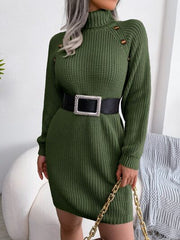 Decorative Button Turtleneck Sweater Dress - Flyclothing LLC