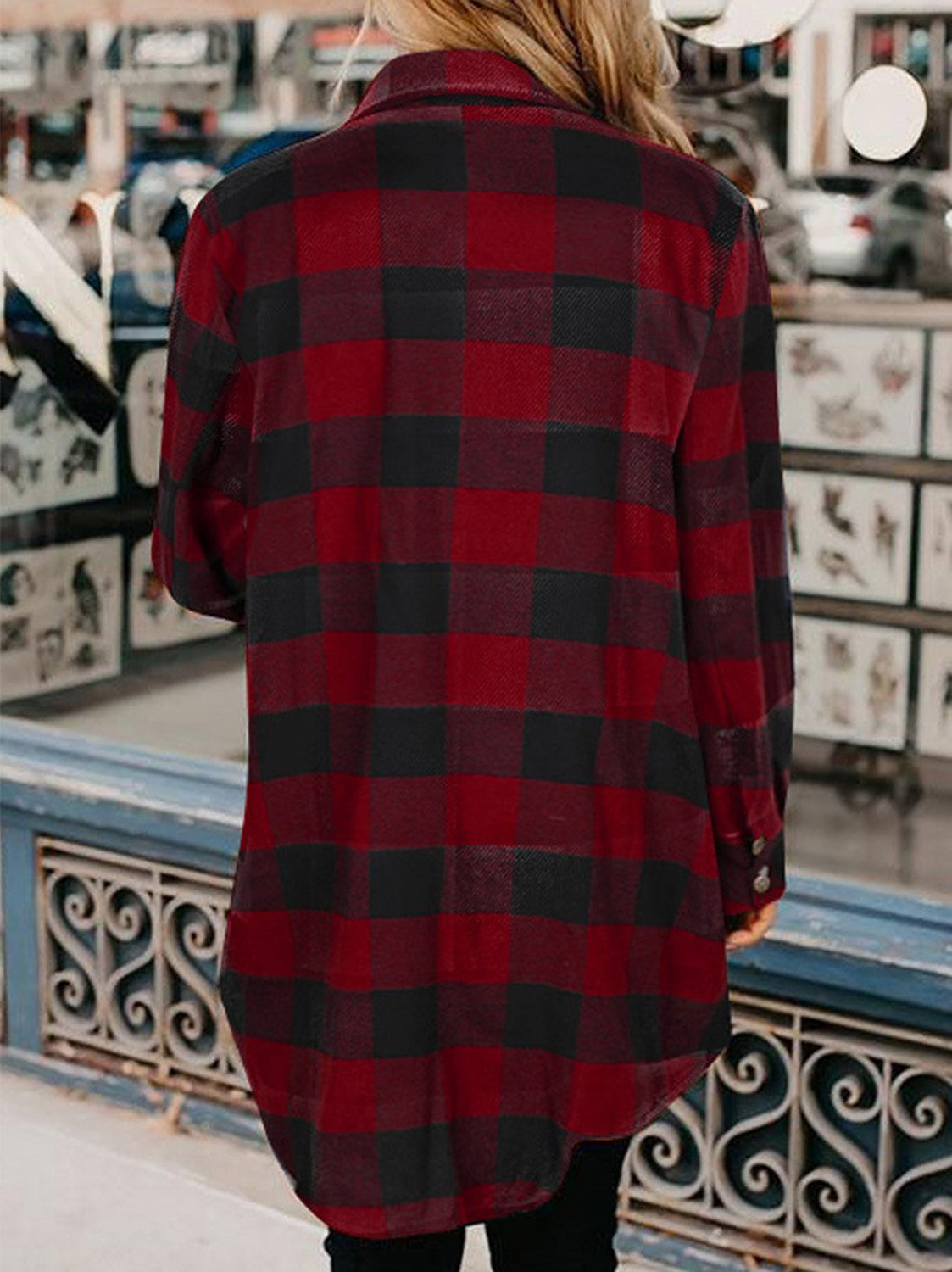 Plaid Snap Down Long Sleeve Jacket - Flyclothing LLC