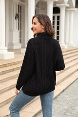 Cable-Knit Turtle Neck Long Sleeve Sweater - Trendsi