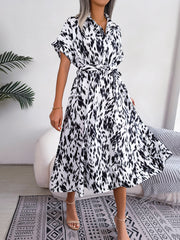 Printed Collared Neck Short Sleeve Tie Waist Dress - Flyclothing LLC