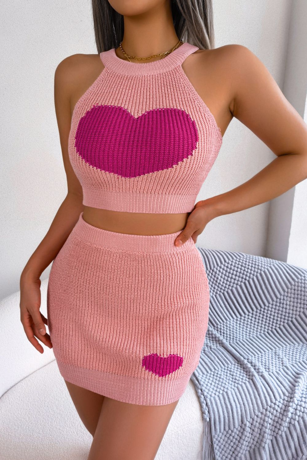 Heart Contrast Ribbed Sleeveless Knit Top and Skirt Set - Flyclothing LLC