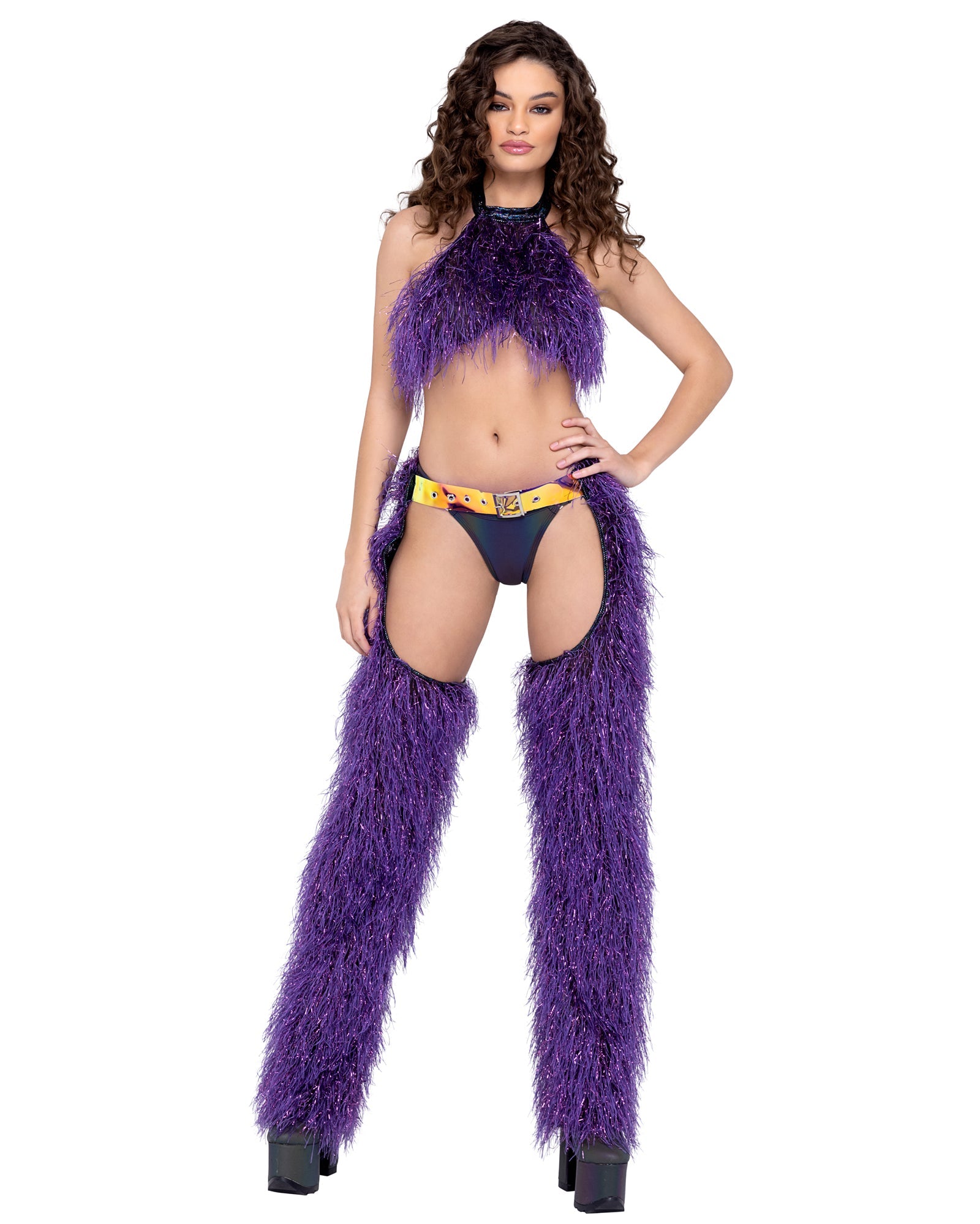 Roma Costume Faux-Fur Cropped Halter Neck Top