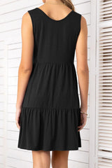 Decorative Button Scoop Neck Sleeveless Tiered Dress - Flyclothing LLC