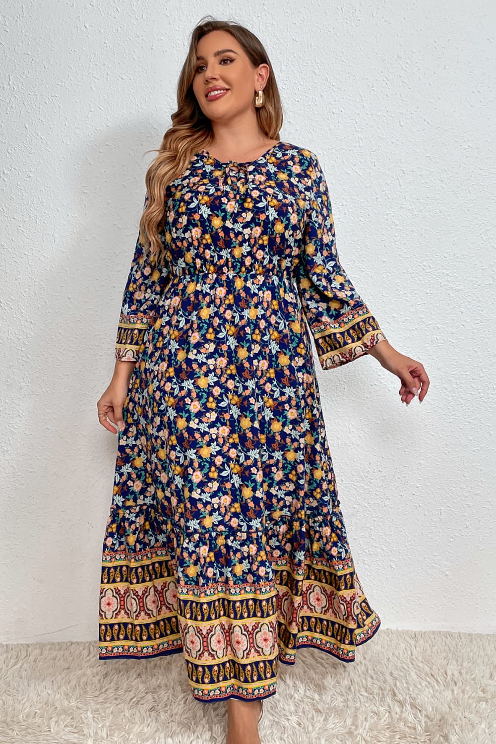 Plus Size Bohemian Round Neck Maxi Dress - Flyclothing LLC