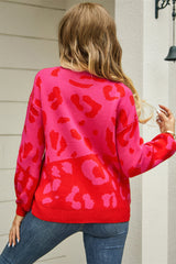 Leopard Round Neck Dropped Shoulder Sweater - Flyclothing LLC