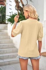 Openwork Round Neck Short Sleeve Blouse - Flyclothing LLC