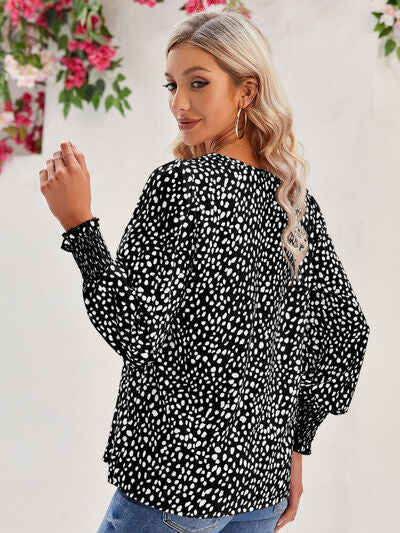 Printed V-Neck Lantern Sleeve Blouse - Flyclothing LLC