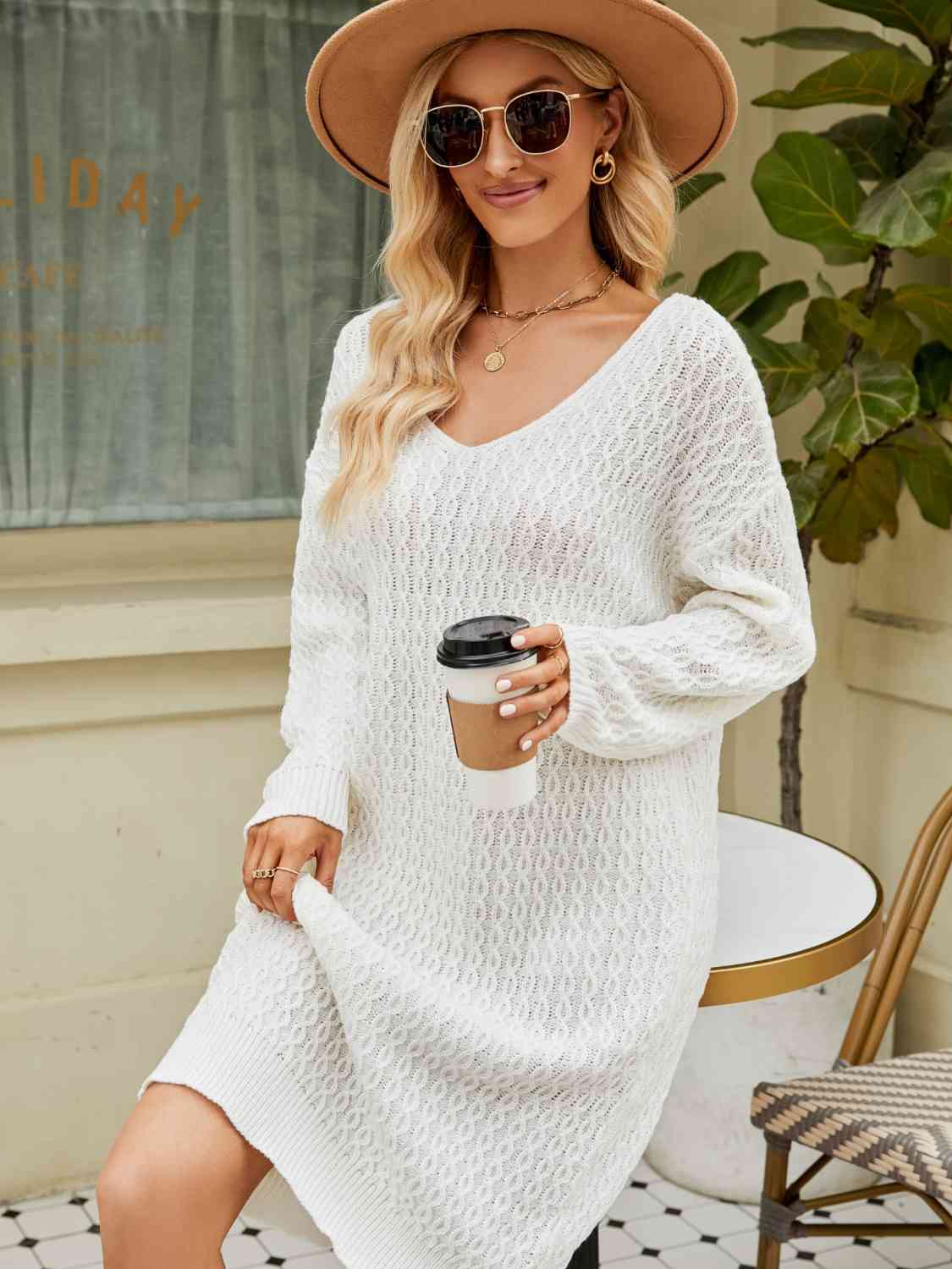 V-Neck Long Sleeve Sweater Dress - Flyclothing LLC