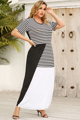 Plus Size Striped Color Block Round Neck Dress - Flyclothing LLC