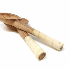 Olive Wood Salad Servers with Bone Handles, White with Etching Design - Jedando