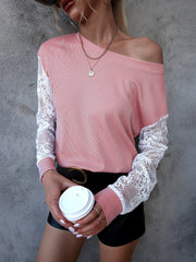 Lace Detail Round Neck Dropped Shoulder T-Shirt - Flyclothing LLC