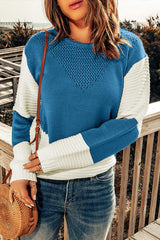 Two-Tone Openwork Rib-Knit Sweater - Flyclothing LLC