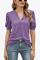 Notched Neck Puff Sleeve Tee - Flyclothing LLC