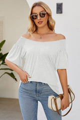 Smocked Round Neck Flutter Sleeve T-Shirt - Flyclothing LLC