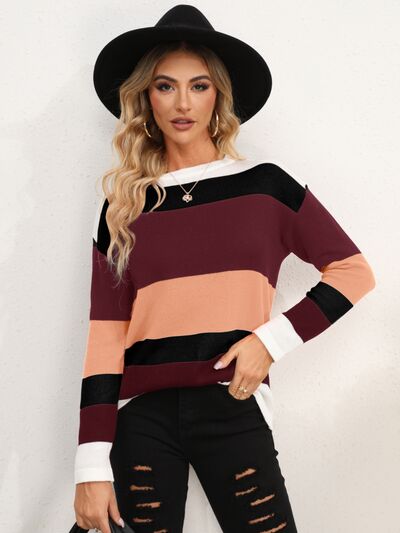 Striped Round Neck Dropped Shoulder Sweater - Flyclothing LLC