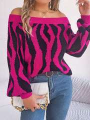 Off-Shoulder Animal Print Long Sleeve Sweater - Flyclothing LLC