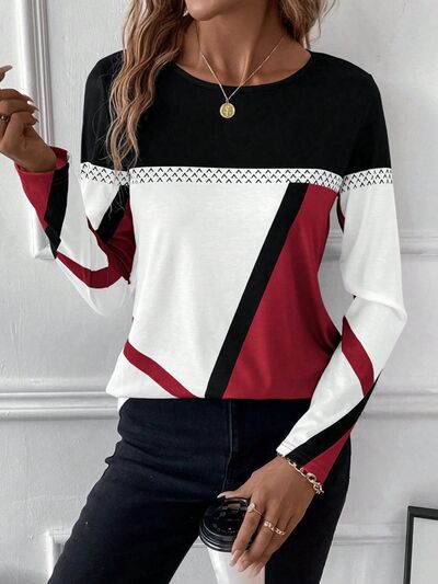 Contrast Round Neck Long Sleeve T-Shirt - Flyclothing LLC