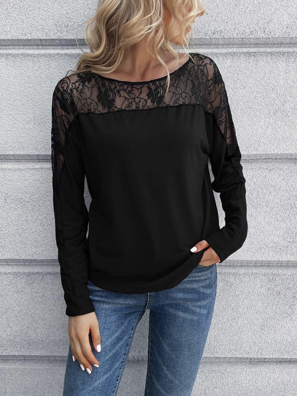 Lace Long Sleeve Round Neck Tee - Trendsi