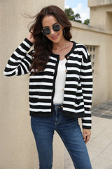 Striped Round Neck Button-Down Dropped Shoulder Cardigan - Flyclothing LLC