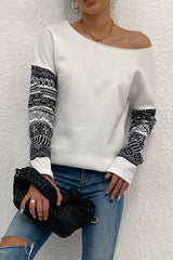 Boat Neck Long Printed Sleeve Blouse - Flyclothing LLC