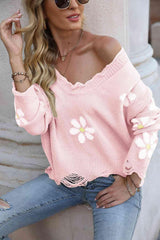 Flower Distressed Long Sleeve Sweater - Flyclothing LLC