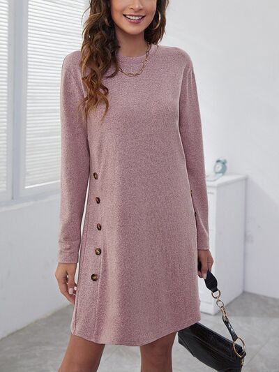 Decorative Button Round Neck Dress - Flyclothing LLC