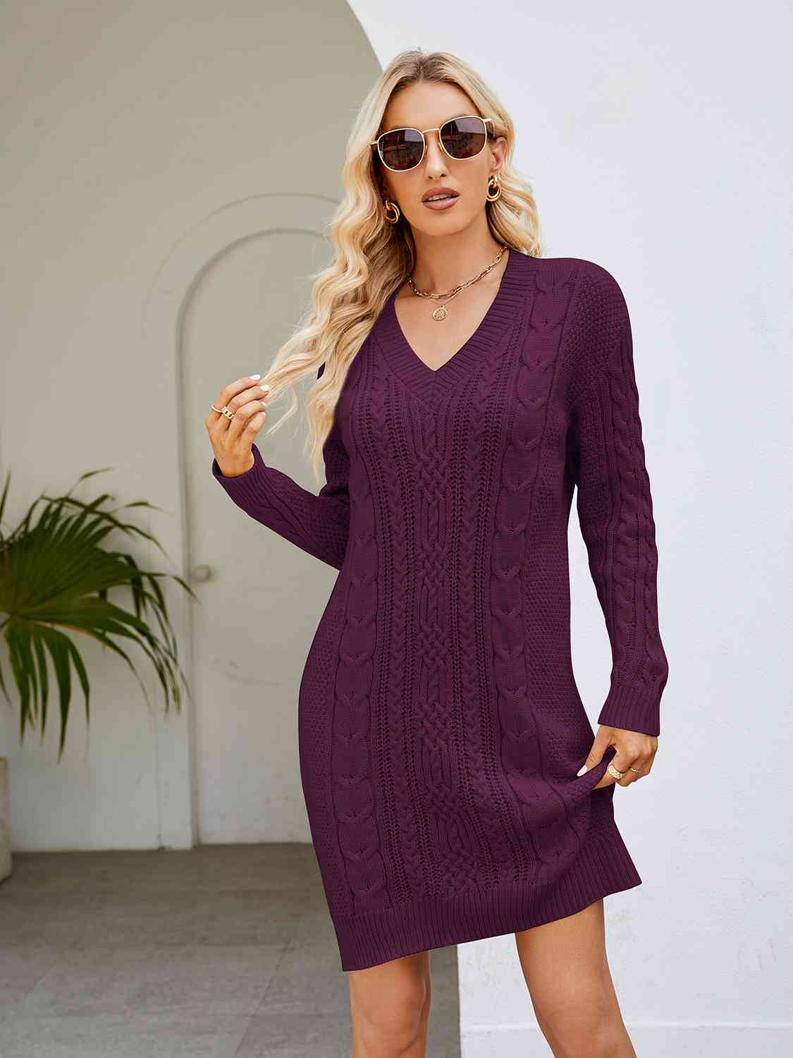 Cable-Knit V-Neck Mini Sweater Dress - Flyclothing LLC