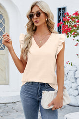 Ruffled V-Neck Cap Sleeve Blouse - Flyclothing LLC