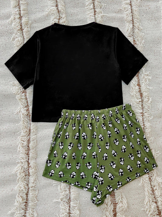 Graphic Tee and Panda Print Shorts Lounge Set - Trendsi