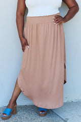 Doublju Comfort Princess Full Size High Waist Scoop Hem Maxi Skirt in Tan - Flyclothing LLC