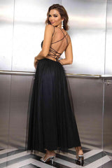 Lace-Up Backless Mesh Dress - Trendsi