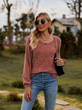 Round Neck Button-Down Long Sleeve Tee - Trendsi