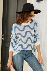 Wave Stripe Ribbed Trim Tunic Sweater - Flyclothing LLC