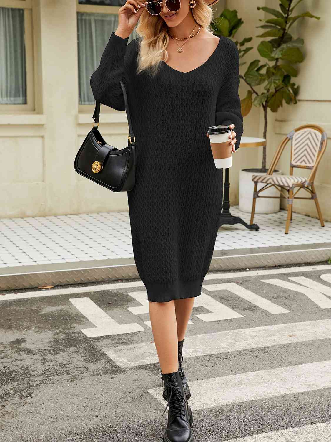 V-Neck Long Sleeve Sweater Dress - Flyclothing LLC