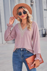 Contrast V-Neck Flounce Sleeve Top - Trendsi