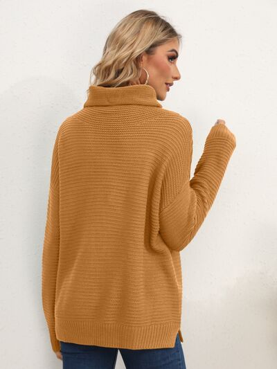 Slit Turtleneck Dropped Shoulder Sweater - Flyclothing LLC