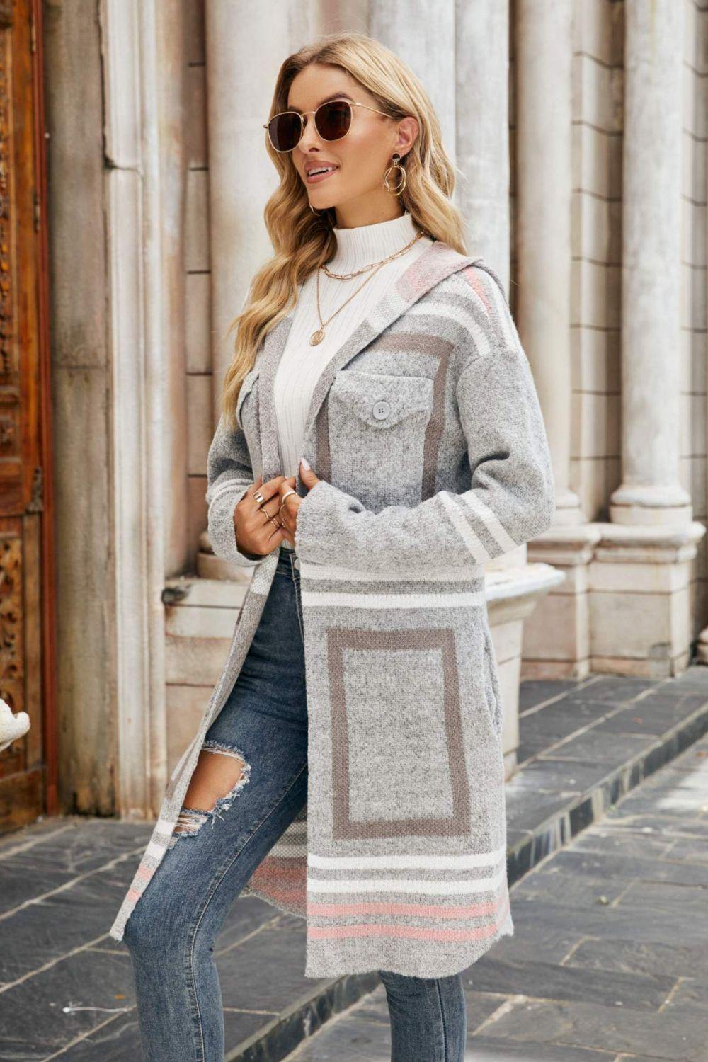 Printed Open Front Hooded Longline Cardigan - Flyclothing LLC