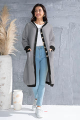 Button Up Contrast Trim Hooded Cardigan - Flyclothing LLC