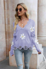 Flower Distressed Long Sleeve Sweater - Flyclothing LLC