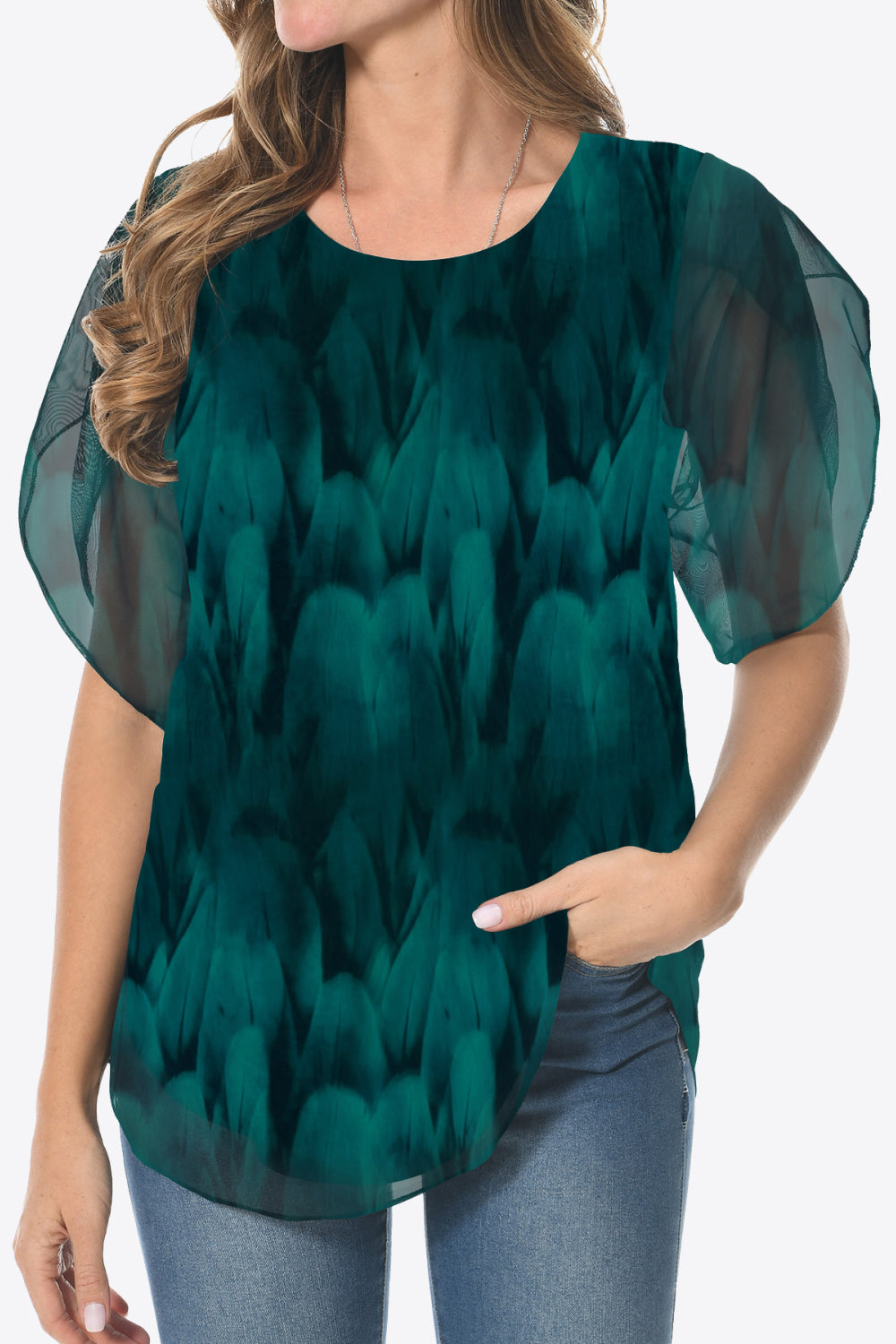 Printed Round Neck Curved Hem Blouse - Flyclothing LLC