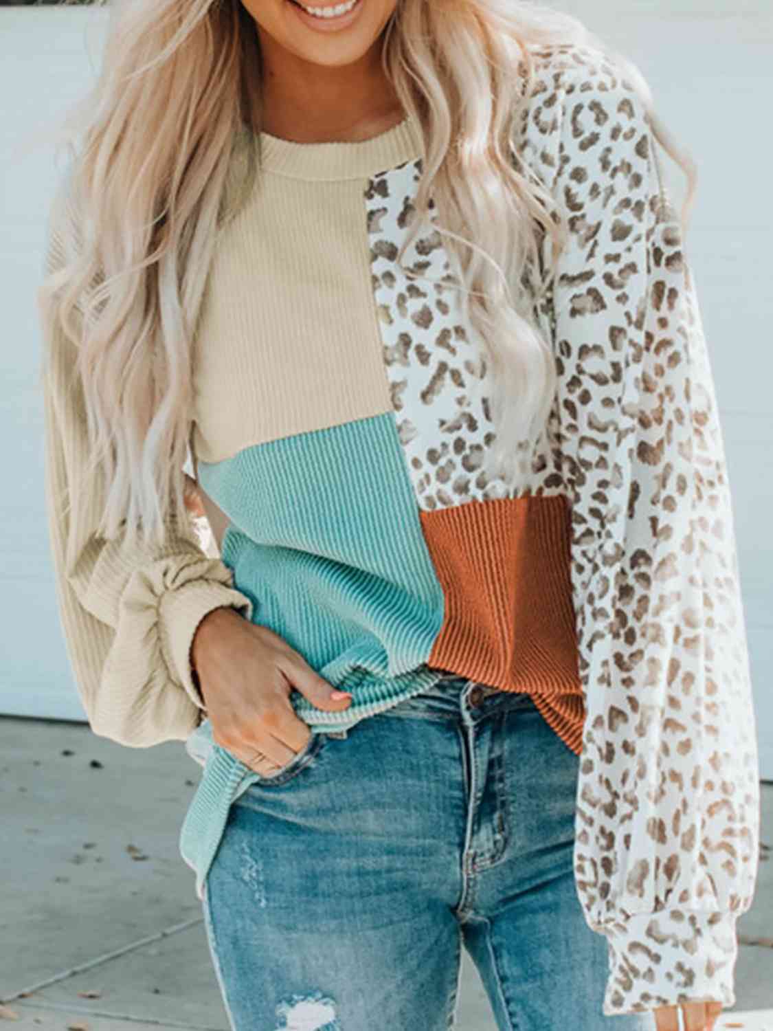 Color Block Leopard Round Neck Sweatshirt - Trendsi