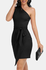 Tie Front One-Shoulder Sleeveless Dress - Flyclothing LLC