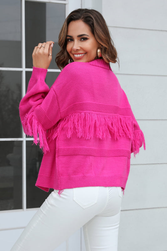 Fringe Trim Open Front Cardigan - Flyclothing LLC