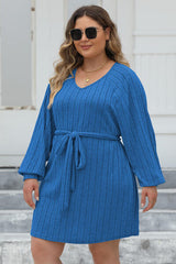 Plus Size Ribbed Tie Front Long Sleeve Sweater Dress - Flyclothing LLC