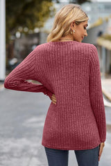 Ribbed Half Button Long Sleeve Knit Top - Trendsi