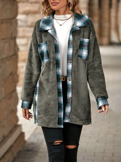 Plaid Contrast Dropped Shoulder Coat - Flyclothing LLC