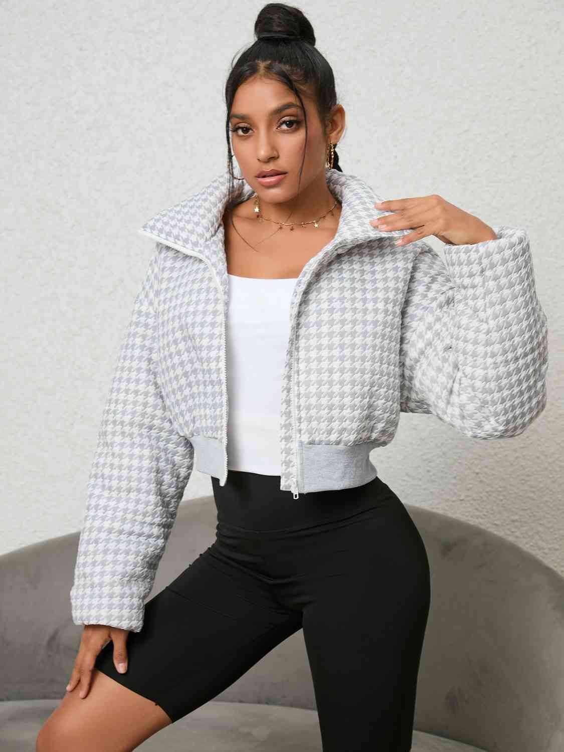 Houndstooth Zip-Up Jacket - Trendsi