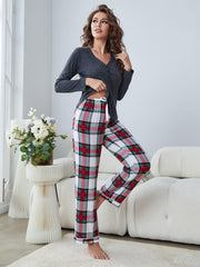 Buttoned Long Sleeve Top and Plaid Pants Lounge Set - Flyclothing LLC